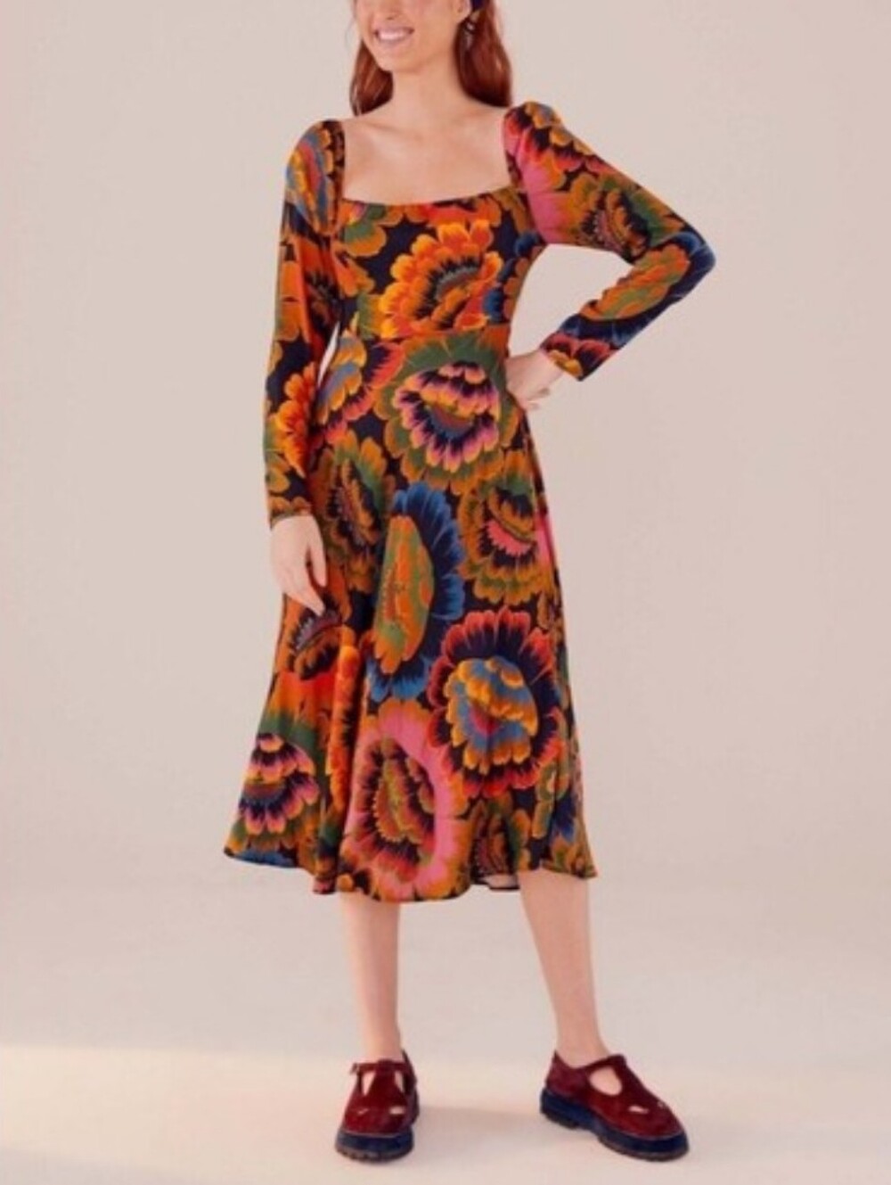 NEW FARM Rio Colorful Flowers Square-Neck Smocked Back Midi Dress Size XS